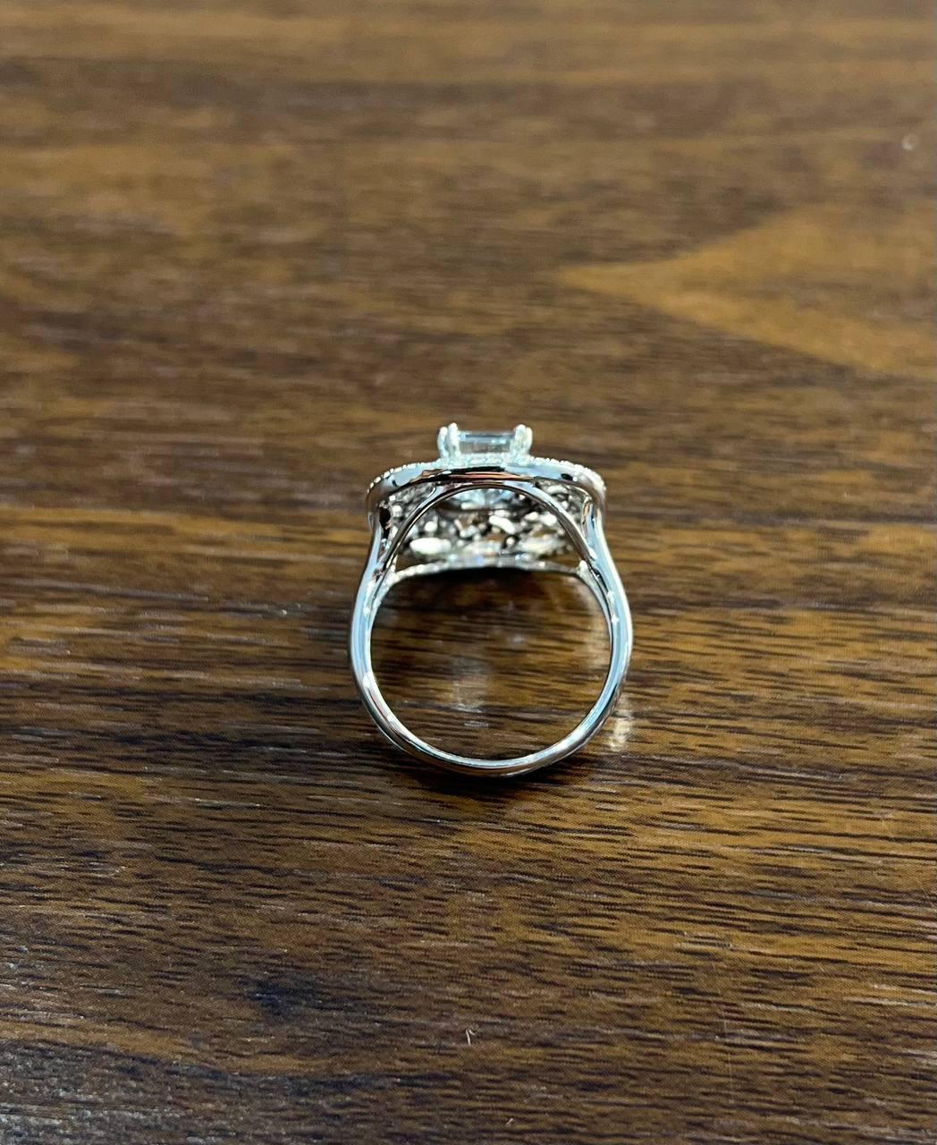 Rectangle Shape Blue Aquamarine & Diamond Halo Pave Set Leaf 14K White Gold Ring For Sale 1