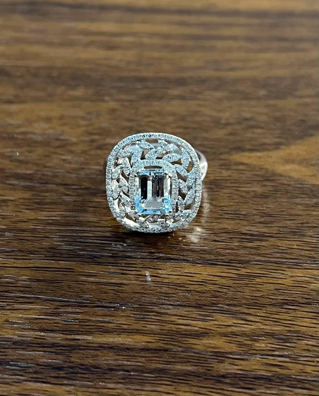 Rectangle Shape Blue Aquamarine & Diamond Halo Pave Set Leaf 14K White Gold Ring For Sale 2