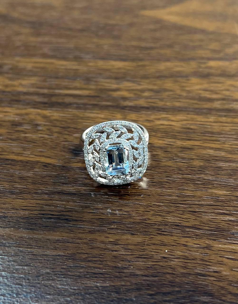Rectangle Shape Blue Aquamarine & Diamond Halo Pave Set Leaf 14K White Gold Ring For Sale 3