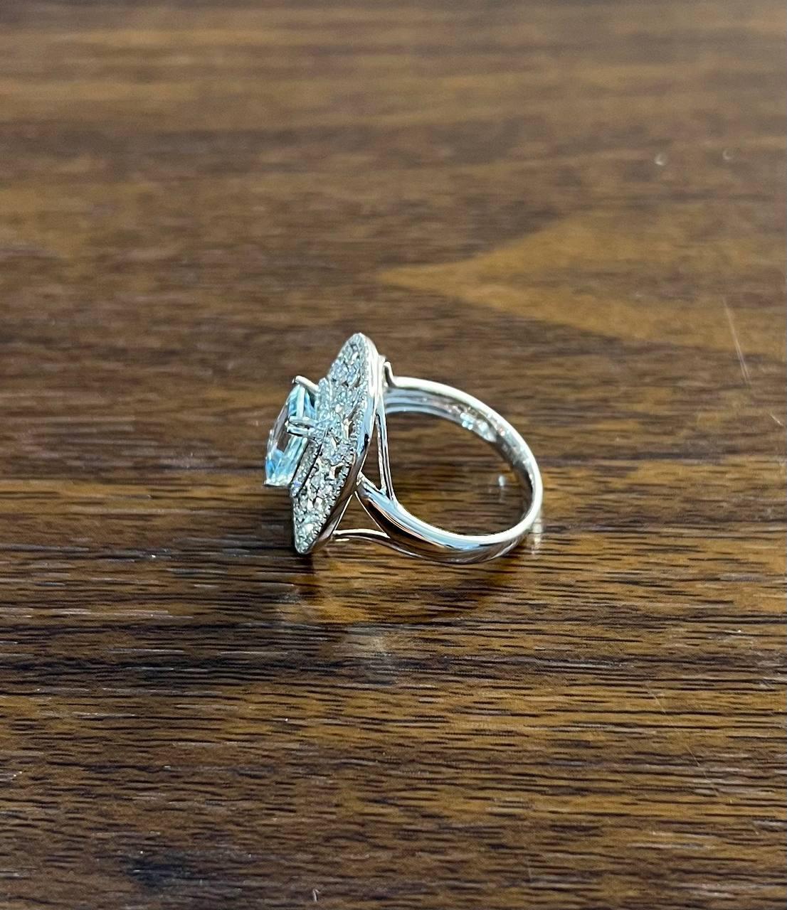 Rectangle Shape Blue Aquamarine & Diamond Halo Pave Set Leaf 14K White Gold Ring For Sale 4