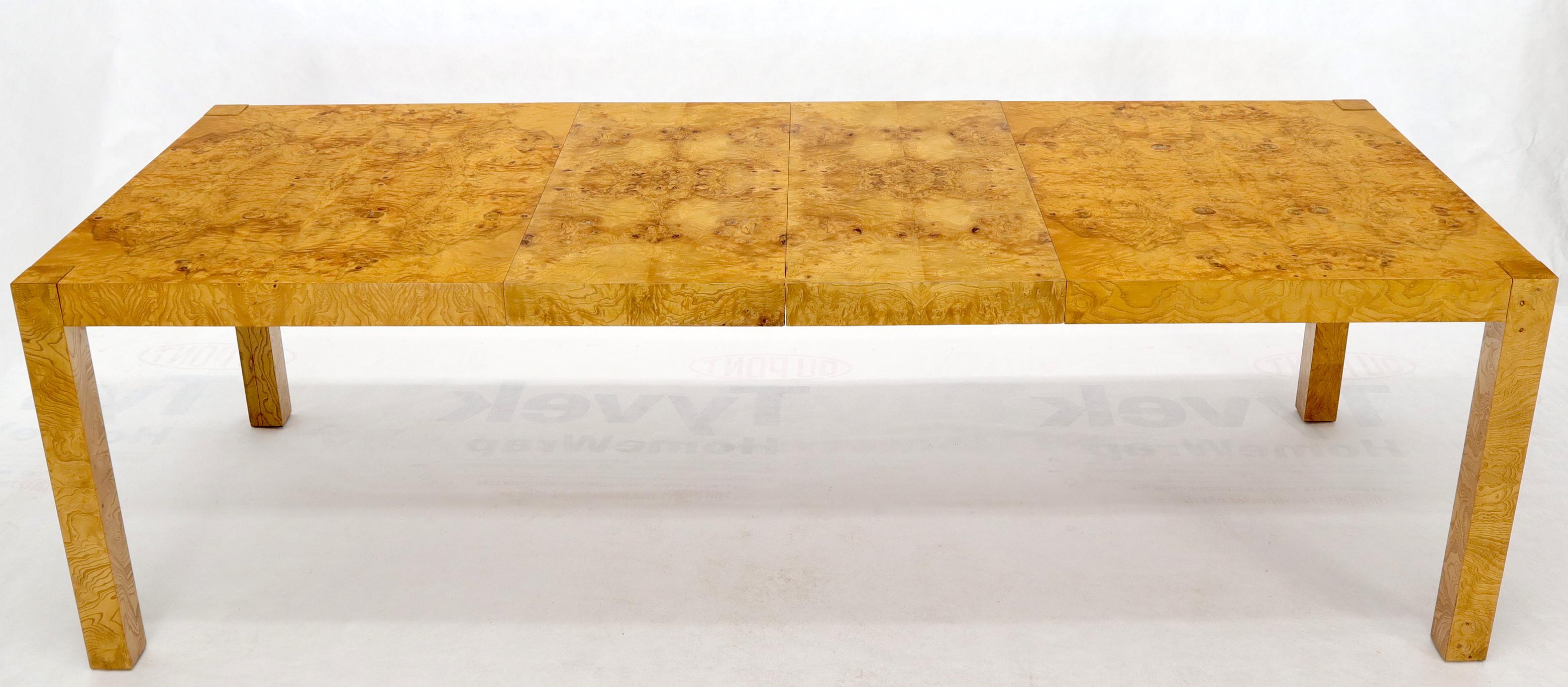 20th Century Rectangle Shape Burl Wood Dining Room Table with Two Extension Leaves Boards