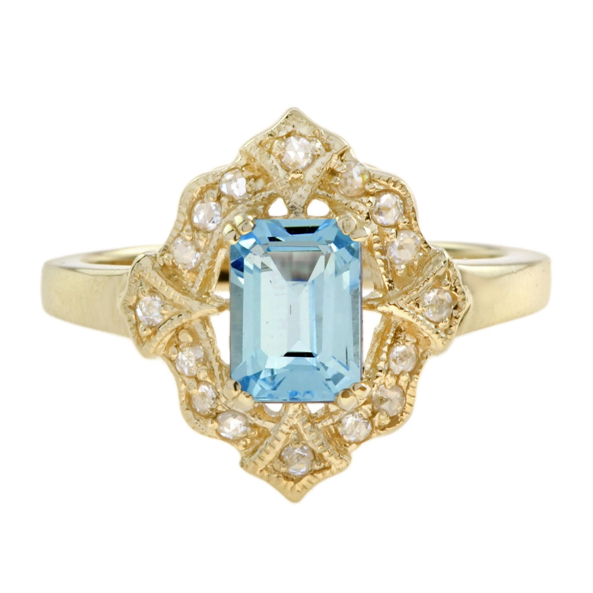 A natural 1.28 carat emerald cut blue topaz is claw set with 16 round cut diamonds color H, clarity SI in a vintage inspired art deco design. This classic ring is a timeless sentiment to be treasured for generations.
Ring Information
Style: Vintage
