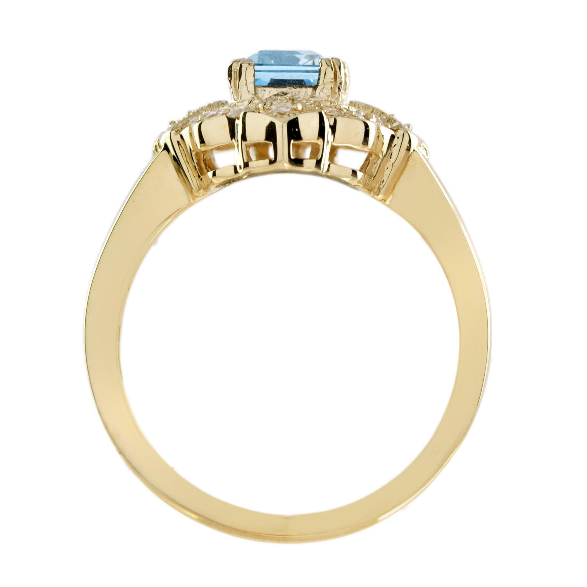 Rechteckige Form Smaragdschliff Blauer Topas & Diamant Halo Vintage Style Gold Ring Damen im Angebot