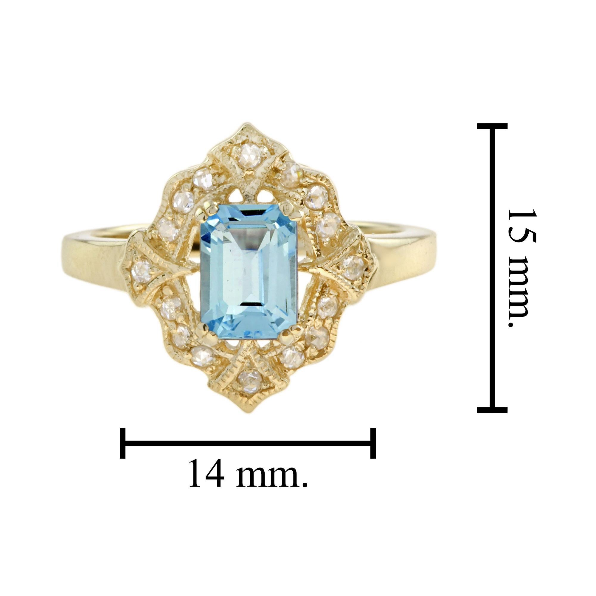 Rechteckige Form Smaragdschliff Blauer Topas & Diamant Halo Vintage Style Gold Ring im Angebot 2