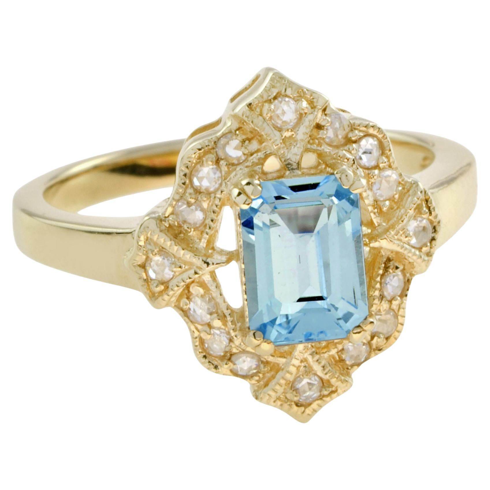 Rectangle Shape Emerald Cut Blue Topaz & Diamond Halo Vintage Style Gold Ring