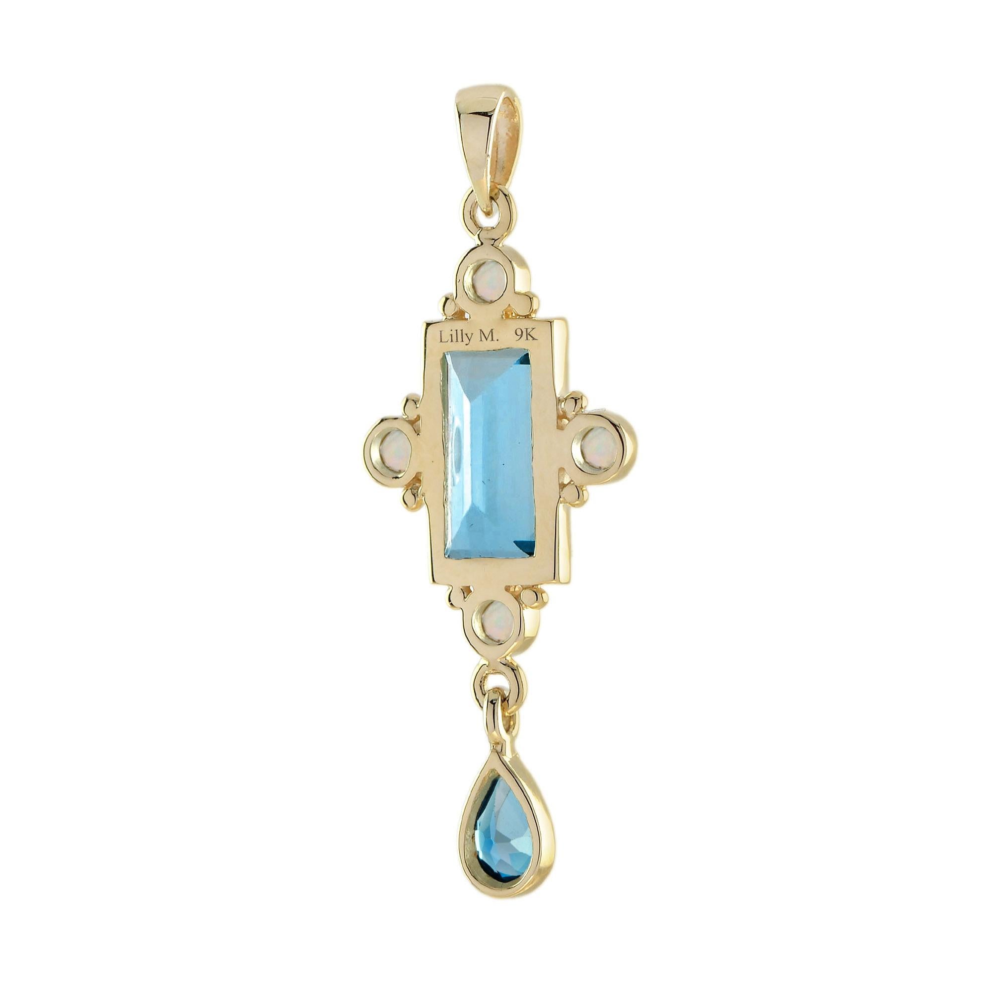 Rechteckige Form Londoner Blautopas & weißer Opal Vintage Style 14K Gold Anhänger (Tropfenschliff) im Angebot
