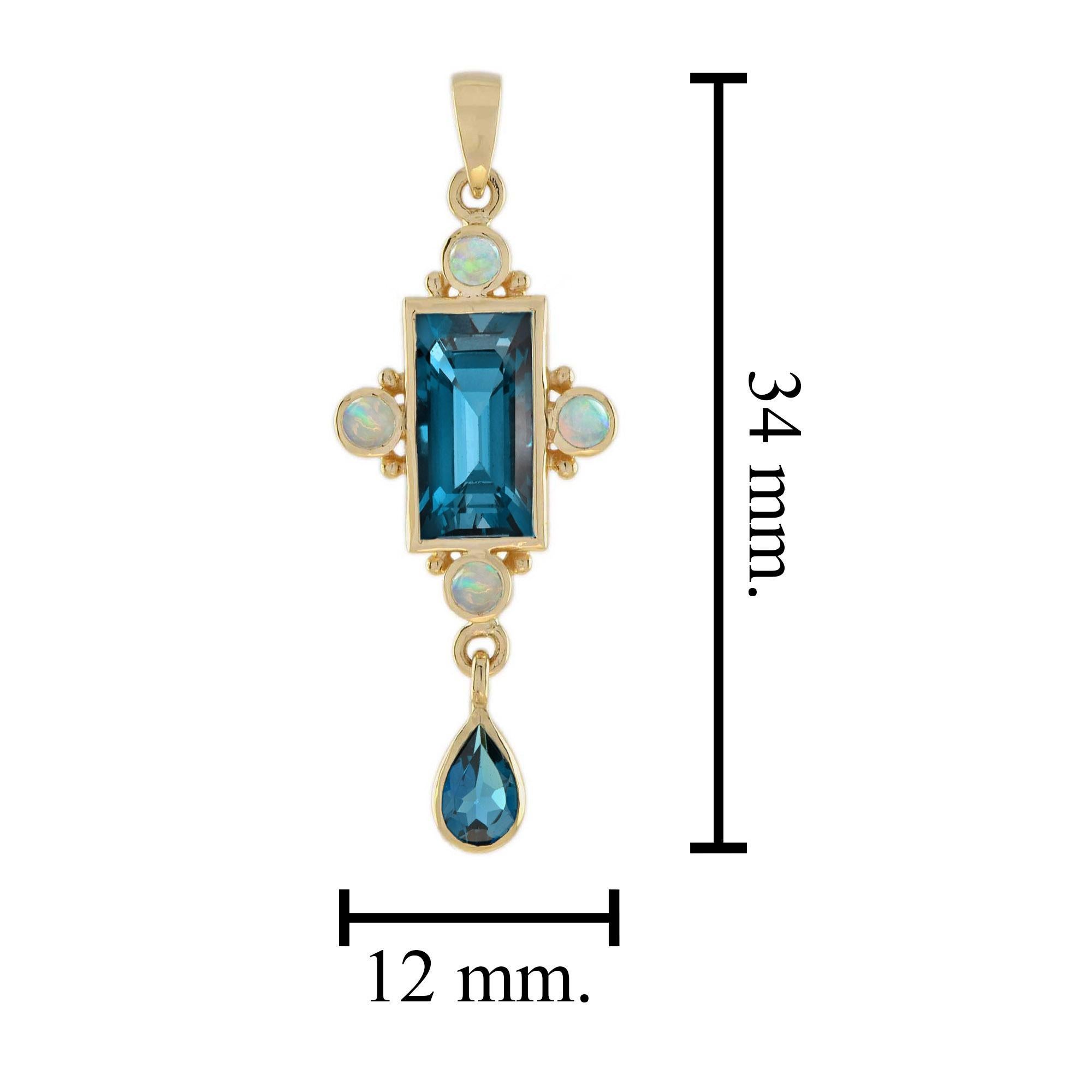 Rechteckige Form Londoner Blautopas & weißer Opal Vintage Style 14K Gold Anhänger im Angebot 2