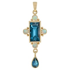 Rectangle Shape London Blue Topaz & White Opal Vintage Style 14K Gold Pendant