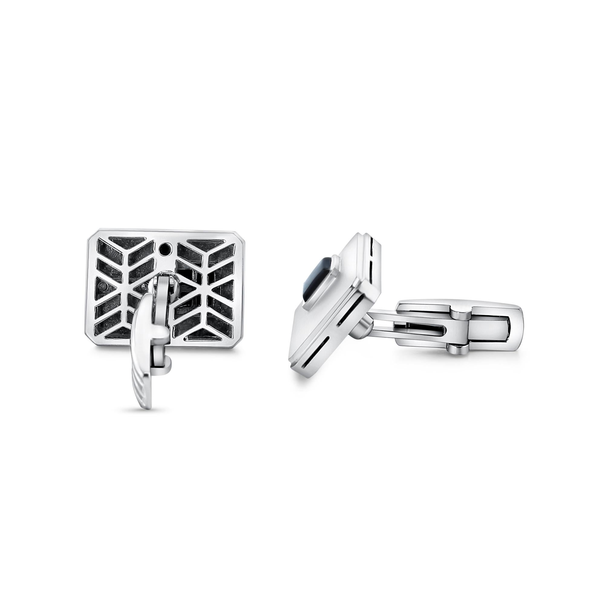 Rectangle Shaped Diamond & Onyx Cuff links with Brushed Satin Finish in 14k White Gold

These cuff links are a striking combination of elegance and modern sophistication, featuring sparkling diamonds meticulously set within a rectangular Onyx