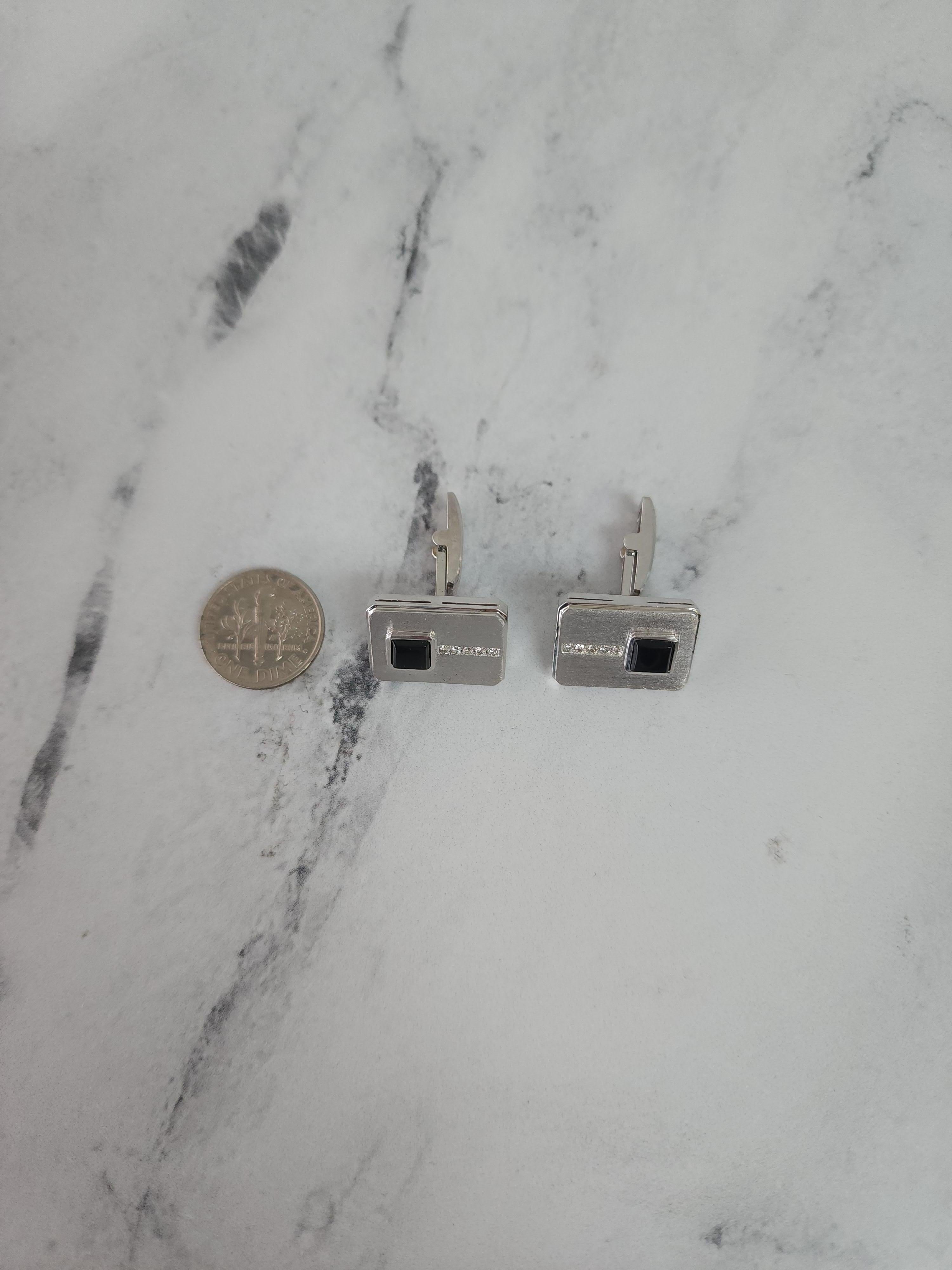 Rectangle Shaped Diamond & Onyx Cuff Links 14k White Gold In New Condition For Sale In Sugar Land, TX