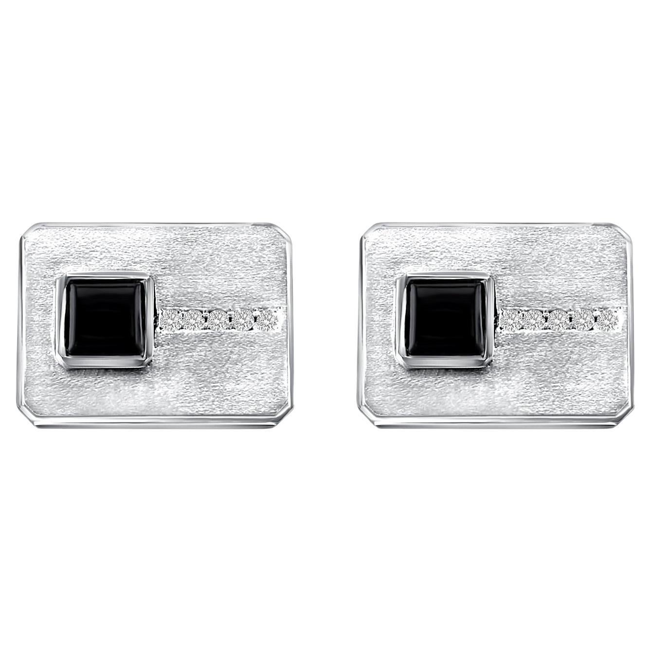 Rectangle Shaped Diamond & Onyx Cuff Links 14k White Gold