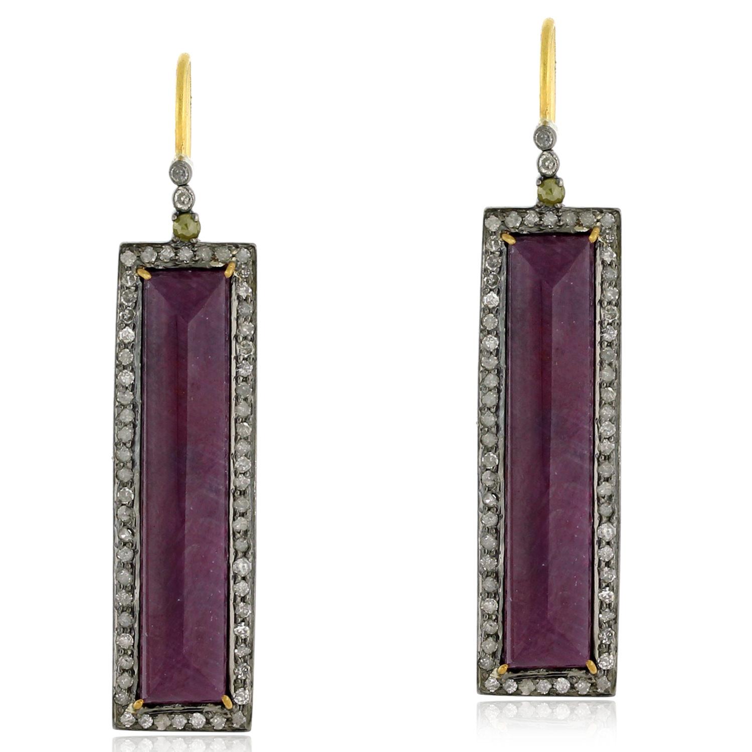 Rectangle Shaped Ruby Earrings Surrounded By Pave Diamonds In 18k Gold & Silver In New Condition For Sale In New York, NY