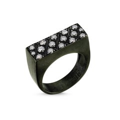 Rectangle Signet Oxidised Silver Ring with Champagne Pave Diamond