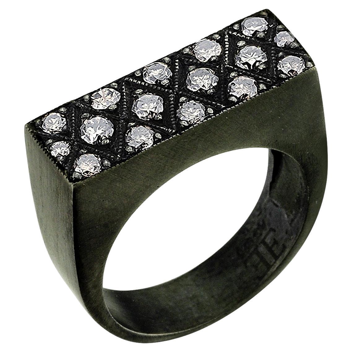 Rectangle Signet Oxidised Silver Ring with Champagne Pave Diamond For Sale