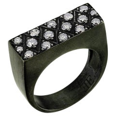 Rectangle Signet Oxidised Silver Ring with Champagne Pave Diamond