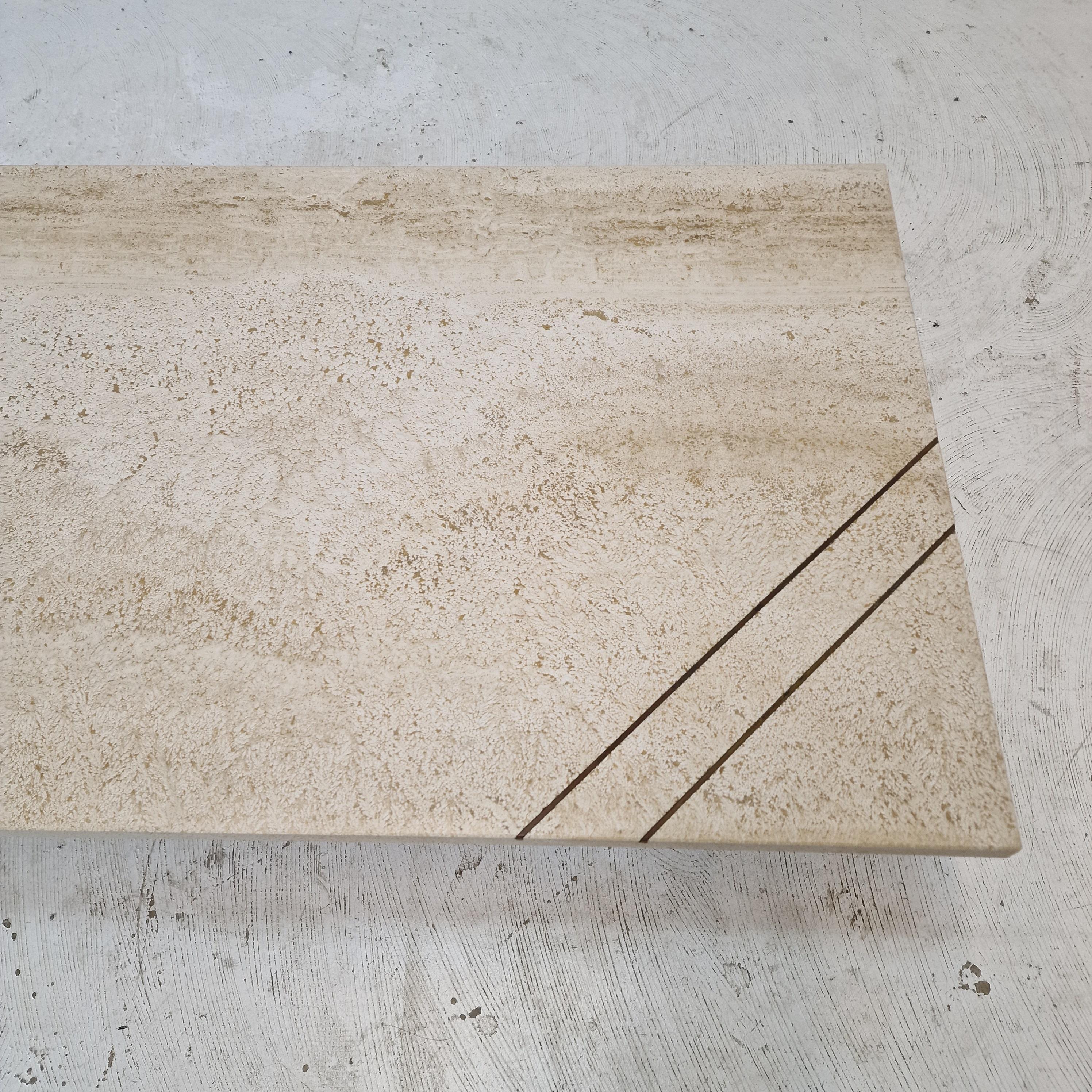 Table basse ou d'appoint rectangulaire en travertin avec laiton, Italie années 1980 en vente 4