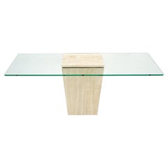 Rectangle Travertine Stone Base Glass Top Italian Console Sofa Table MINT!