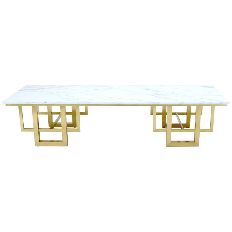 Rectangle White Marble Coffee Table on Polished Brass Base For Sale at
