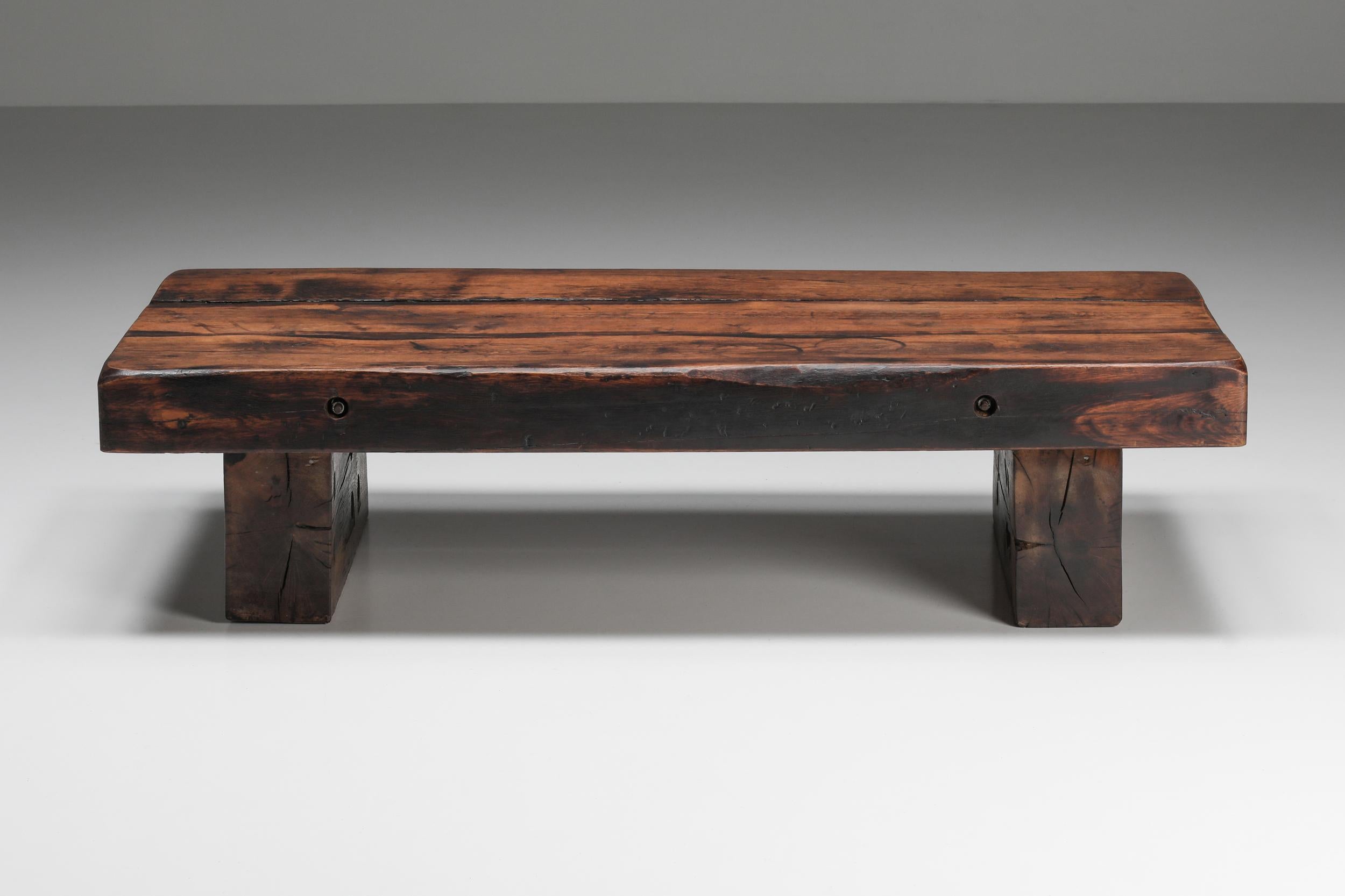 Coffee table in rectangle shape, with charismatic patina inspired by the great principles of wabi-sabi. A timeless design that fits in any interior that likes to play with the narrative of brutalist furniture. Can be used to display magazines,