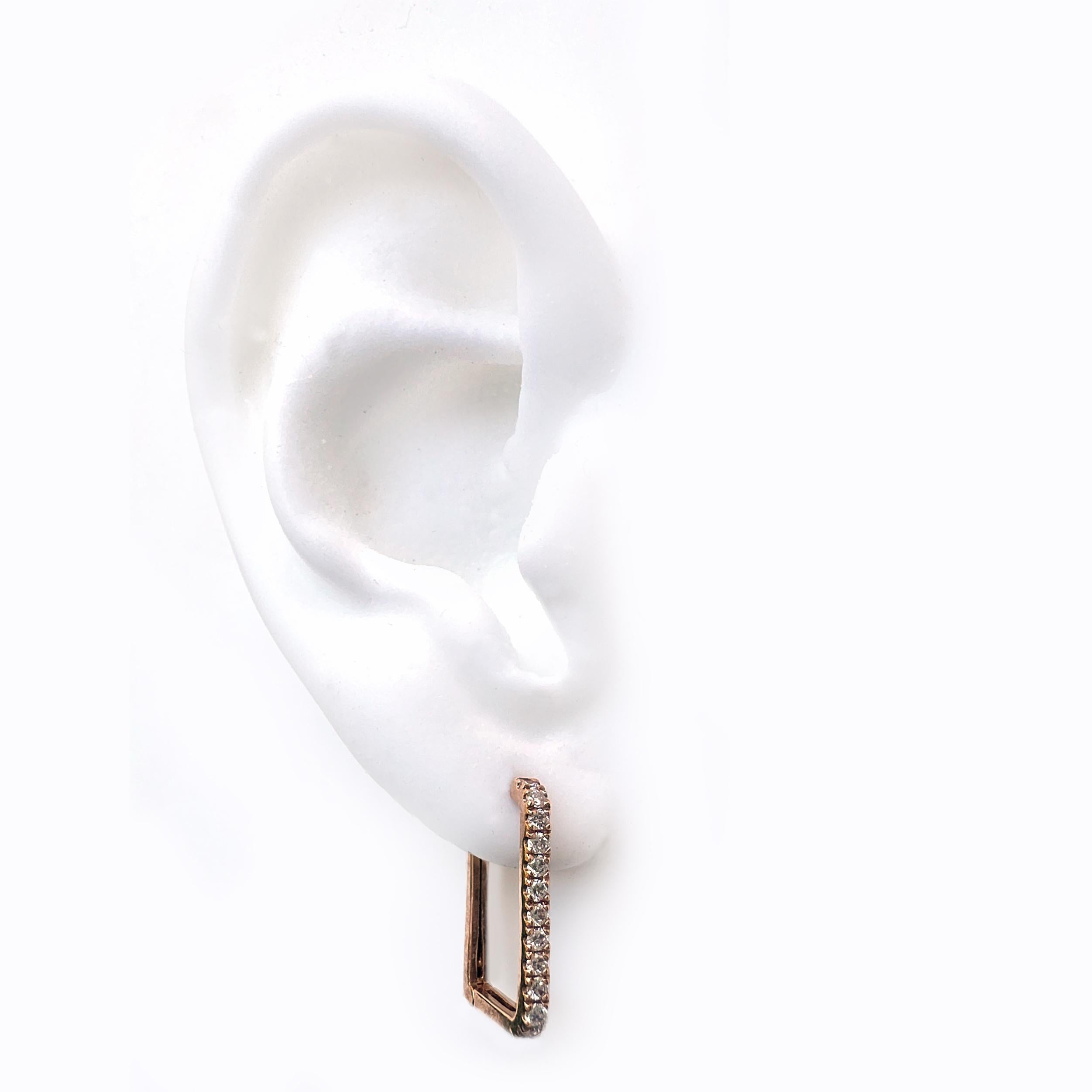 Contemporary Rectangular 14 Karat Rose Gold & Diamond Hoop Earrings w Hinged Post Closures