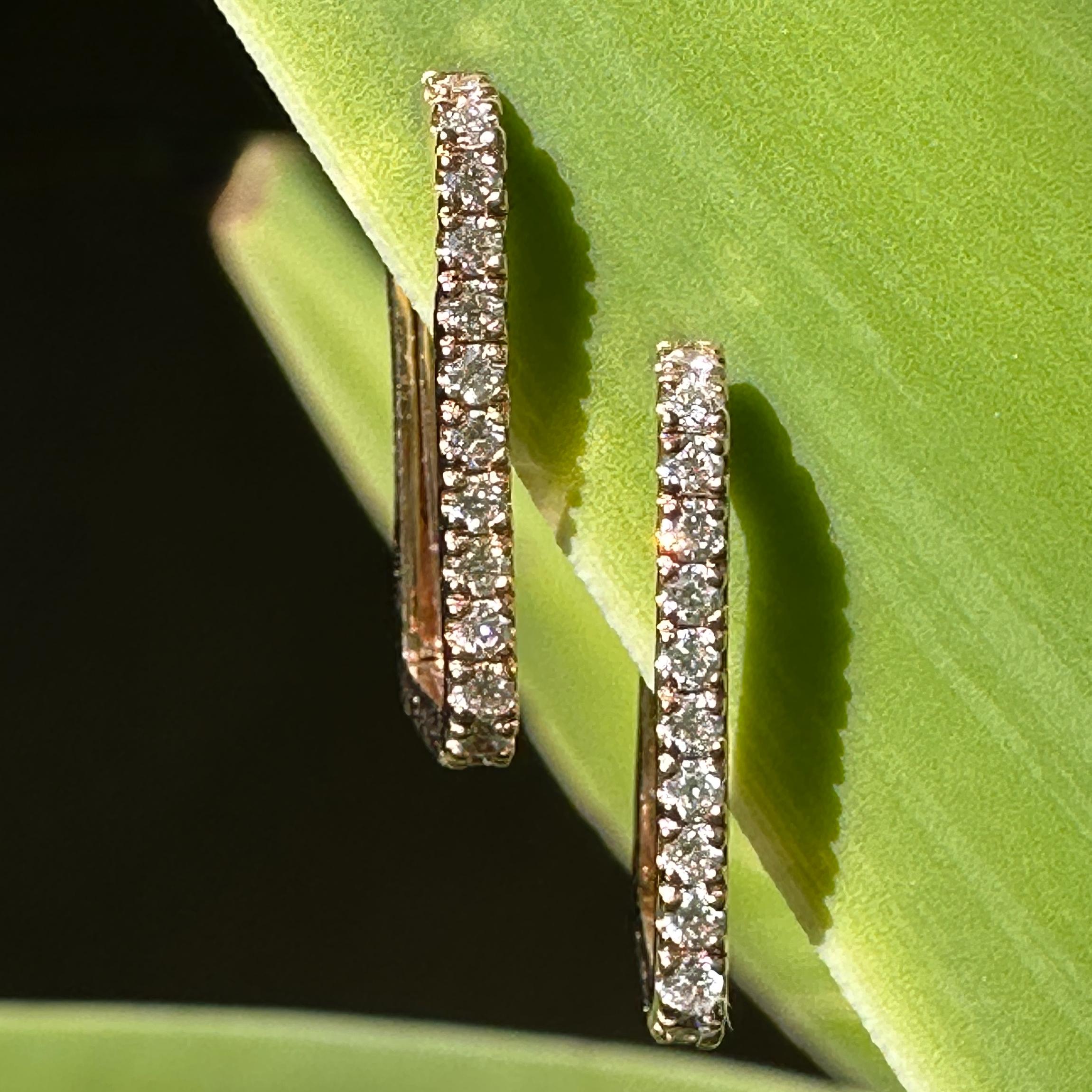 Brilliant Cut Rectangular 14 Karat Rose Gold & Diamond Hoop Earrings w Hinged Post Closures