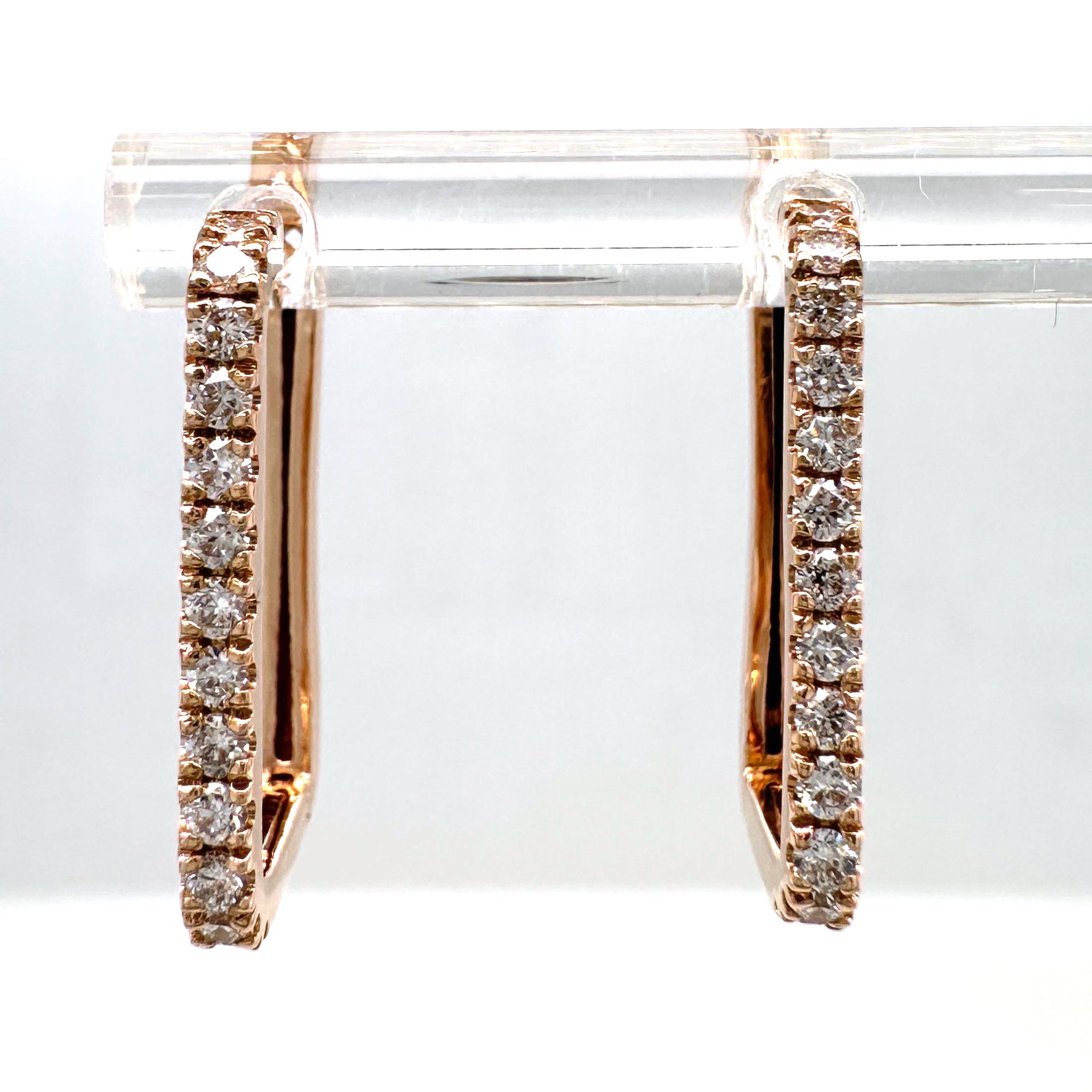 Men's Rectangular 14 Karat Rose Gold & Diamond Hoop Earrings w Hinged Post Closures