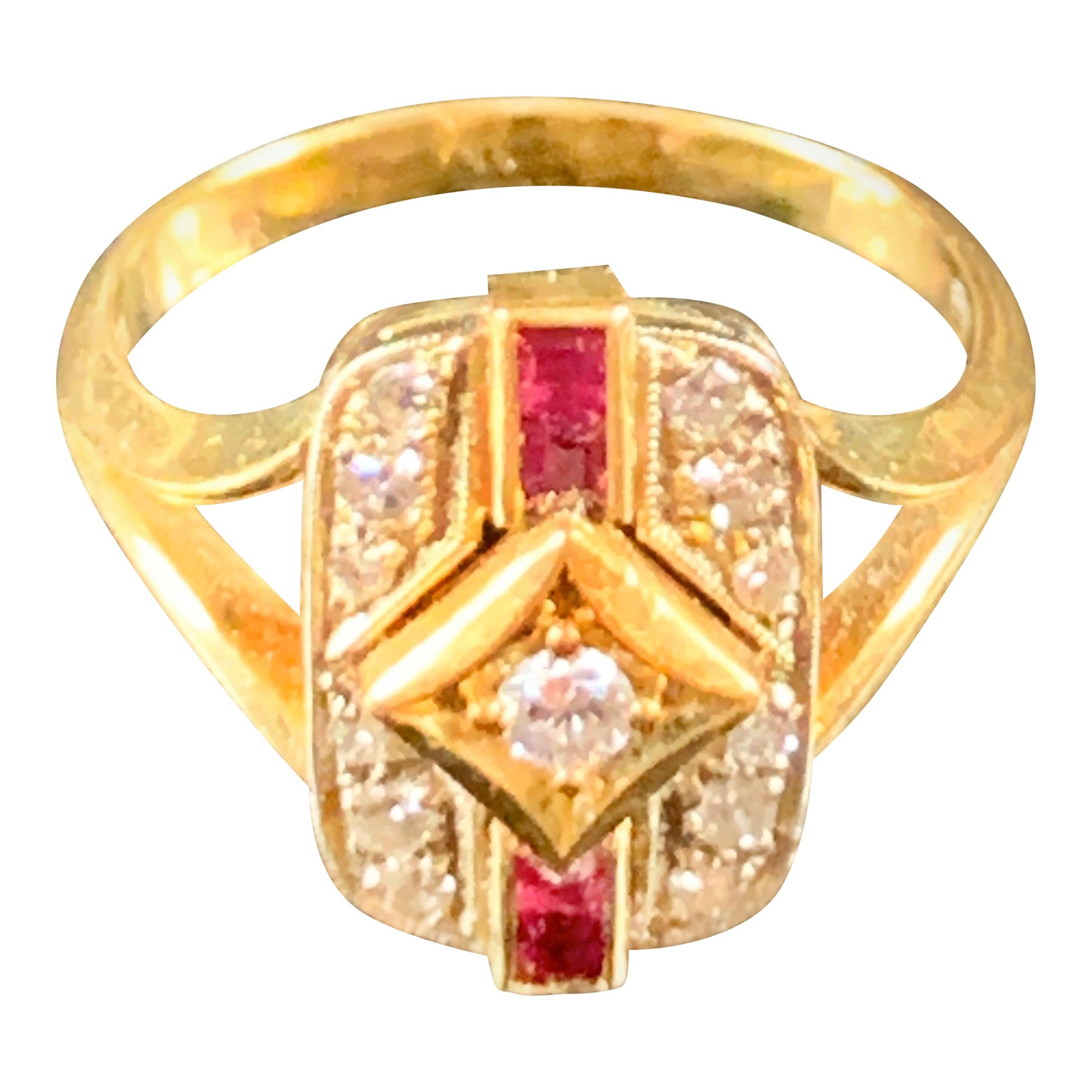 Rectangular 18 Carat Yellow Gold Art Deco Style Ruby and Diamond Ring For Sale