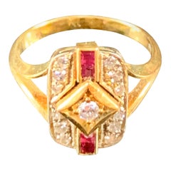 Rectangular 18 Carat Yellow Gold Art Deco Style Ruby and Diamond Ring