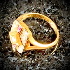 Rectangular 18 Carat Yellow Gold Art Deco Style Ruby and Diamond Ring