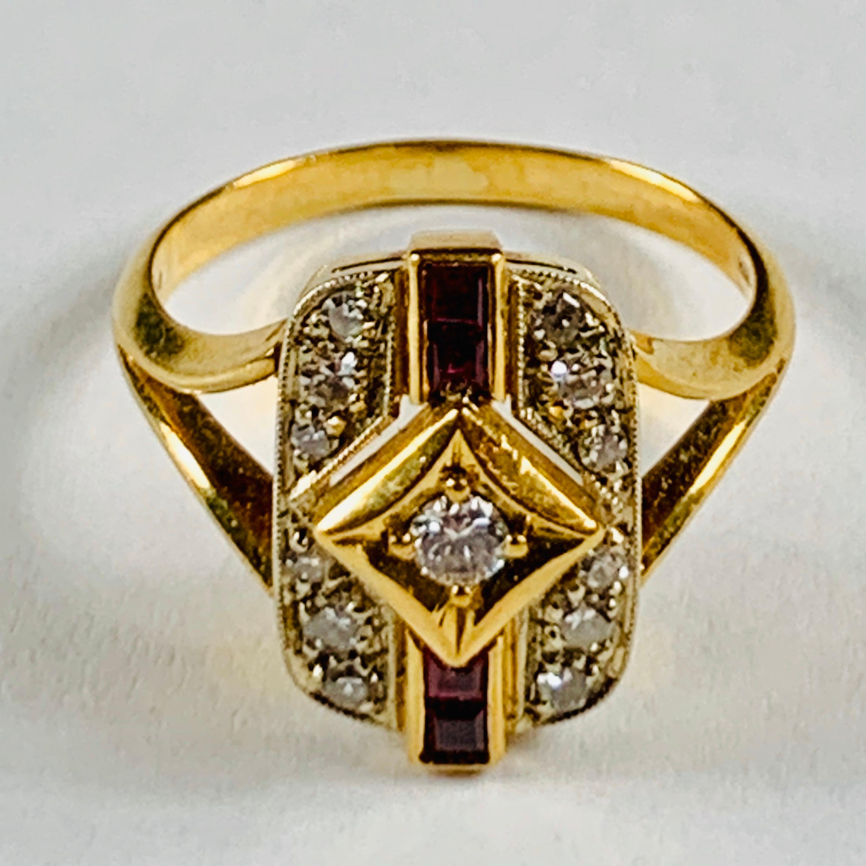 Round Cut Rectangular 18 Carat Yellow Gold Art Deco Style Ruby and Diamond Ring For Sale