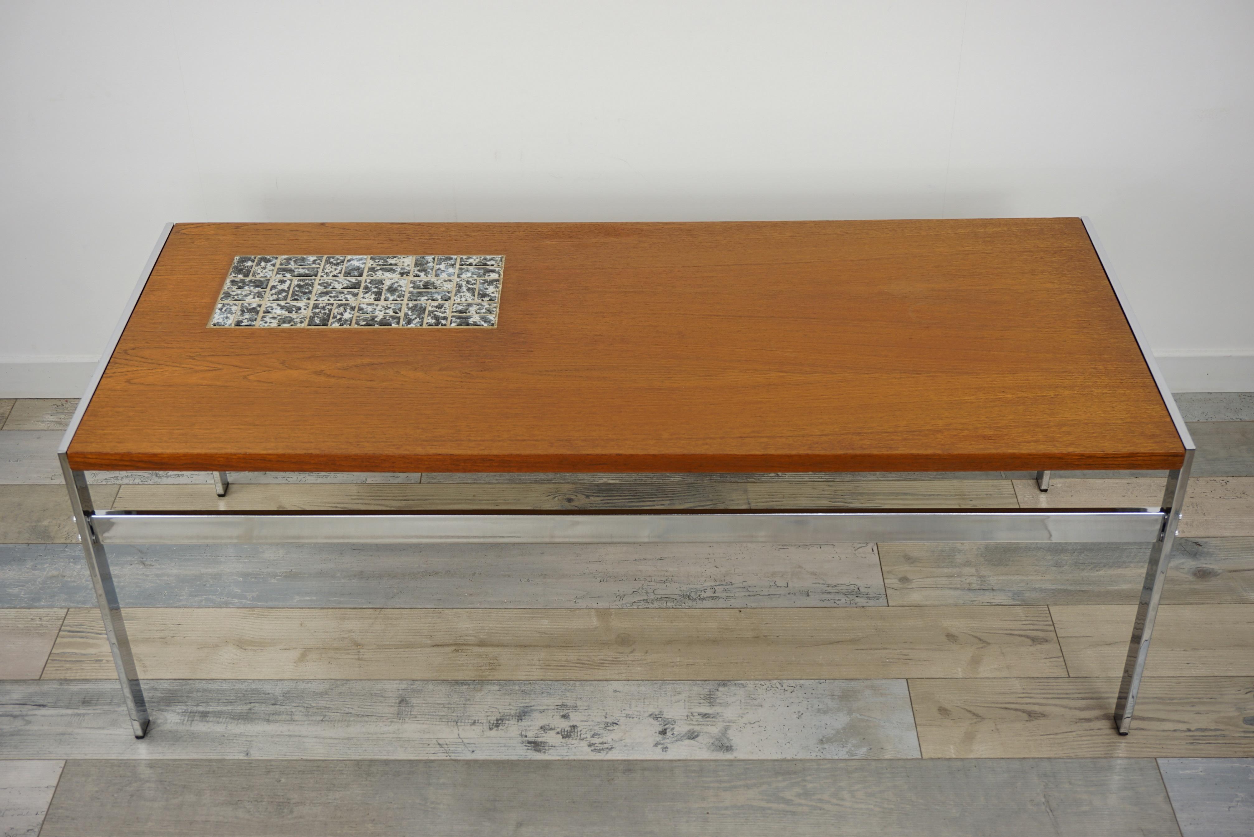 European Rectangular 1960s Design Chrome Metal And Teak Wooden Coffee Table  For Sale