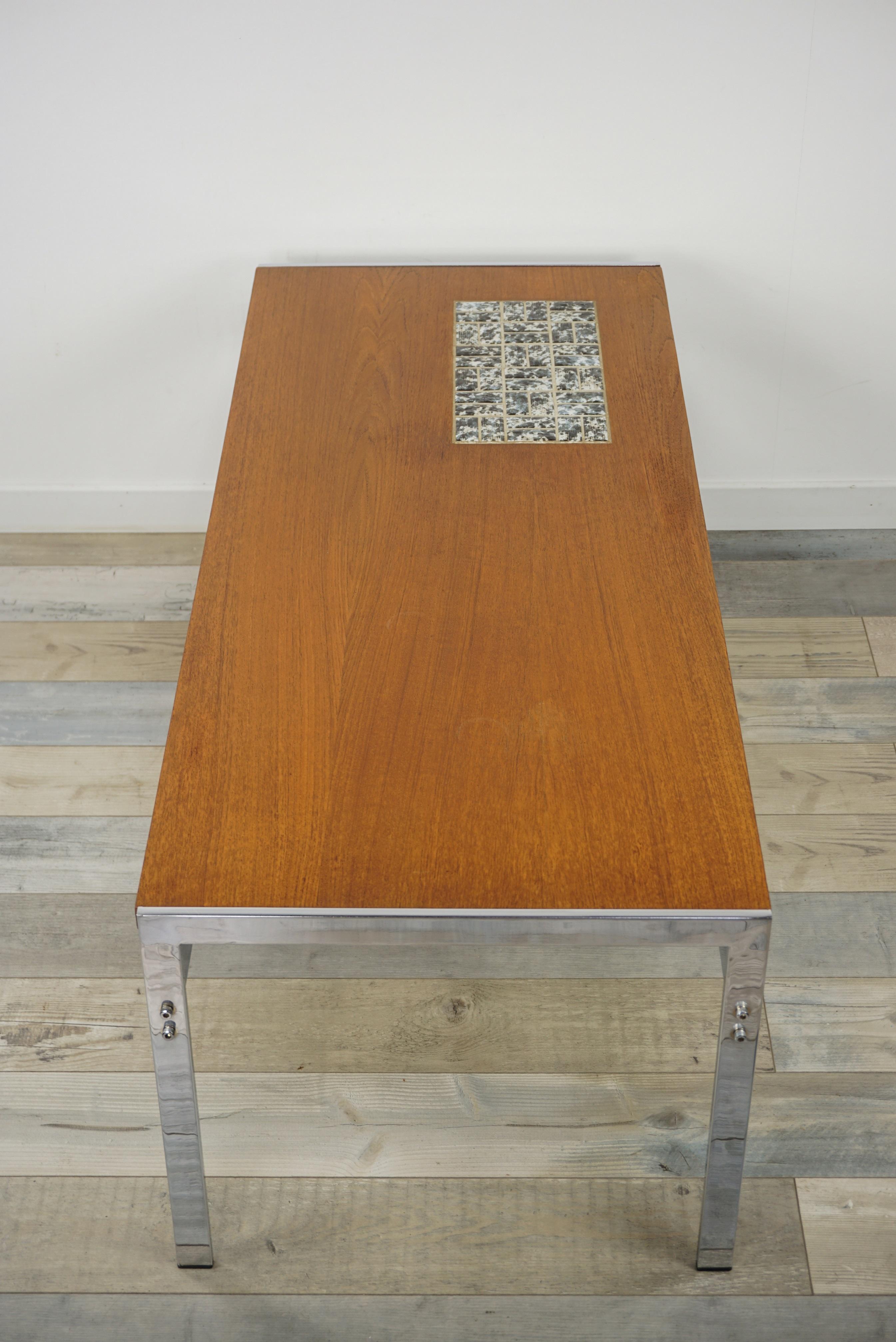 20th Century Rectangular 1960s Design Chrome Metal And Teak Wooden Coffee Table  For Sale