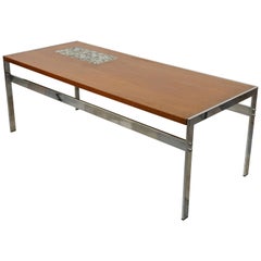 Rectangular 1960s Design Chrome Metal And Teak Wooden Coffee Table 