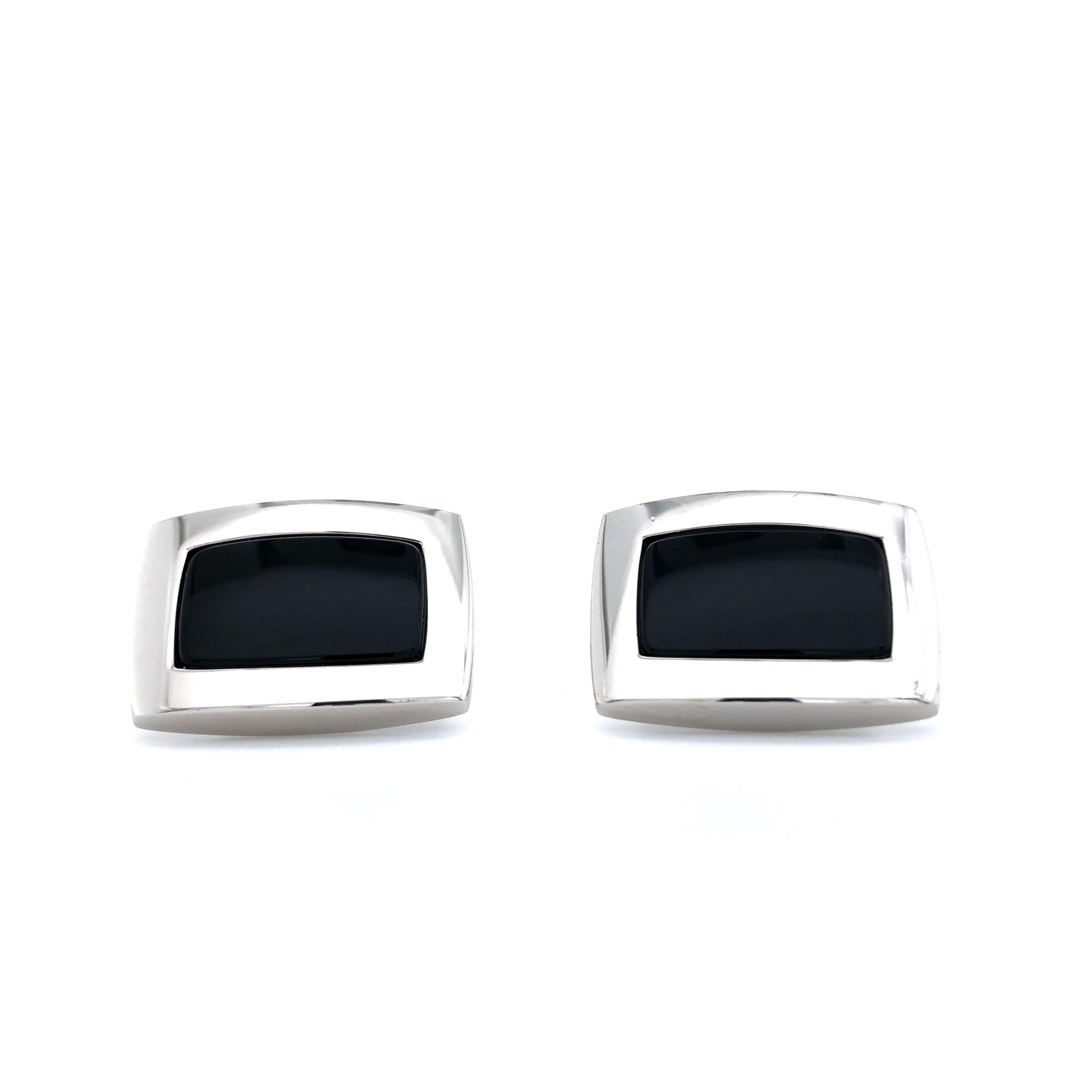 Contemporary Rectangular 925 Sterling Silver Cufflinks with Black Onyx Rhodium Plated For Sale
