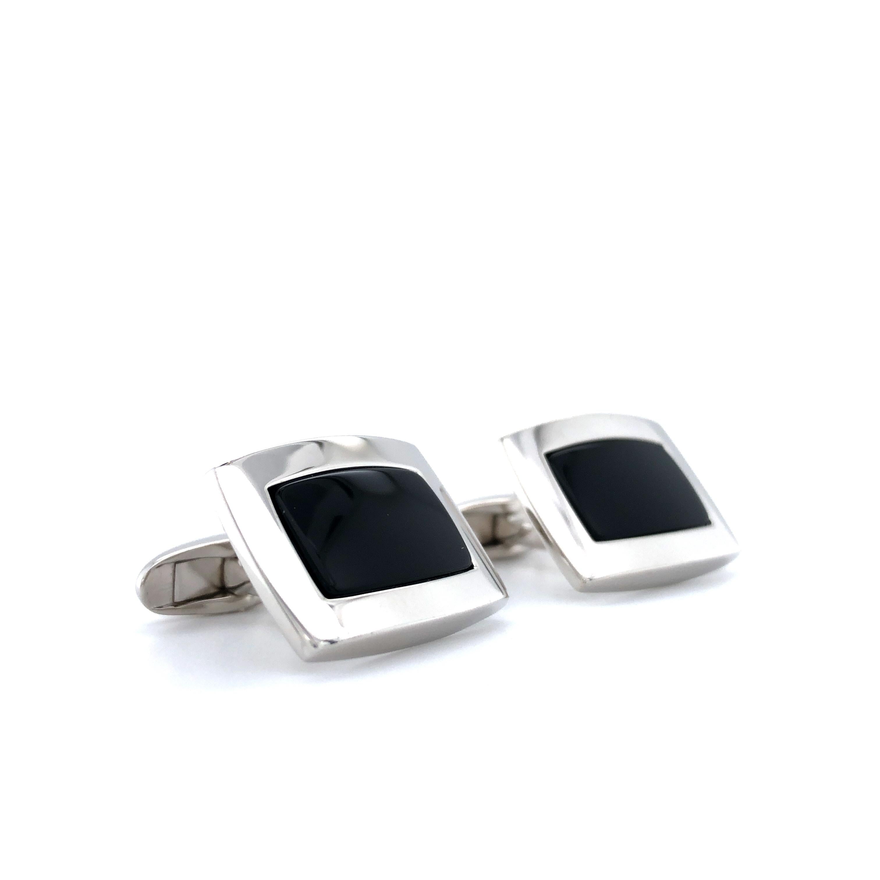 Women's or Men's Rectangular 925 Sterling Silver Cufflinks with Black Onyx Rhodium Plated For Sale
