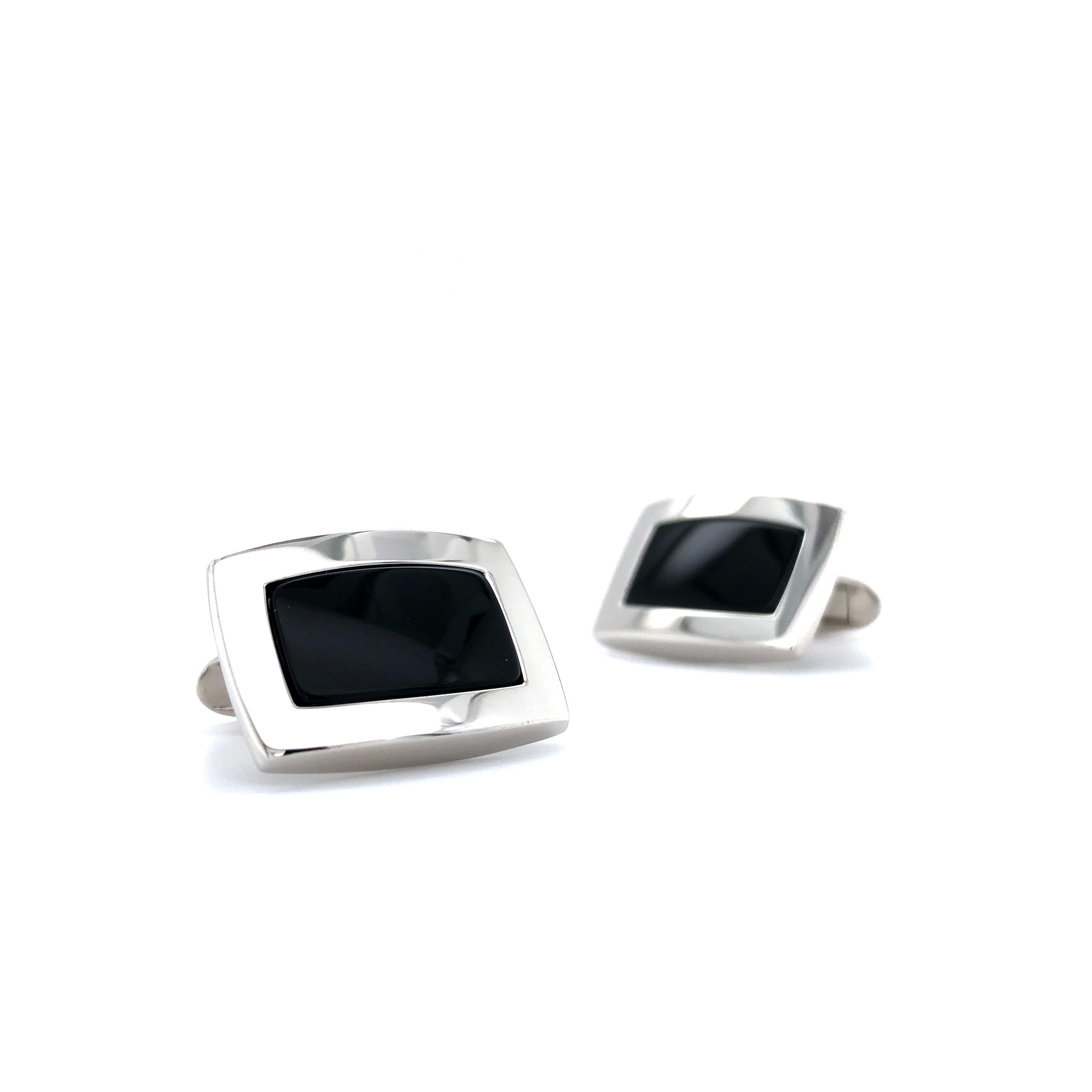 Rectangular 925 Sterling Silver Cufflinks with Black Onyx Rhodium Plated For Sale 1