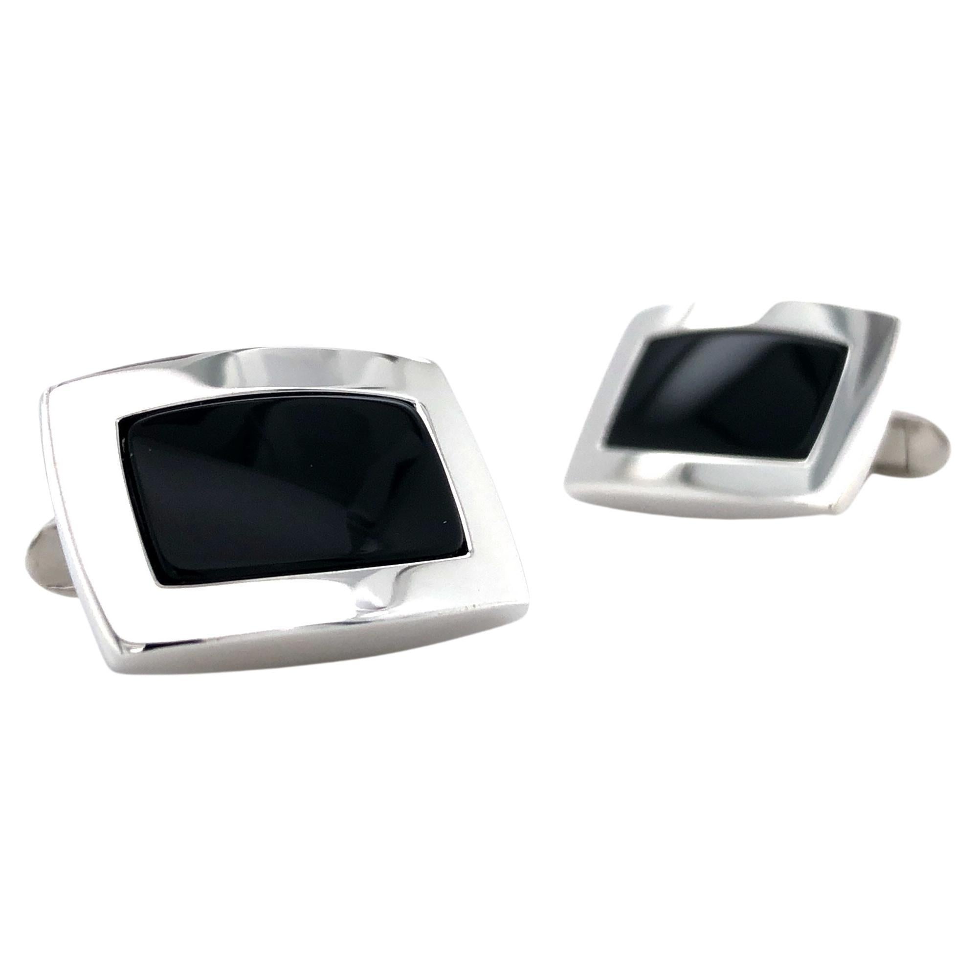 Boutons de manchette rectangulaires en argent sterling 925 avec onyx noir plaqué rhodium en vente