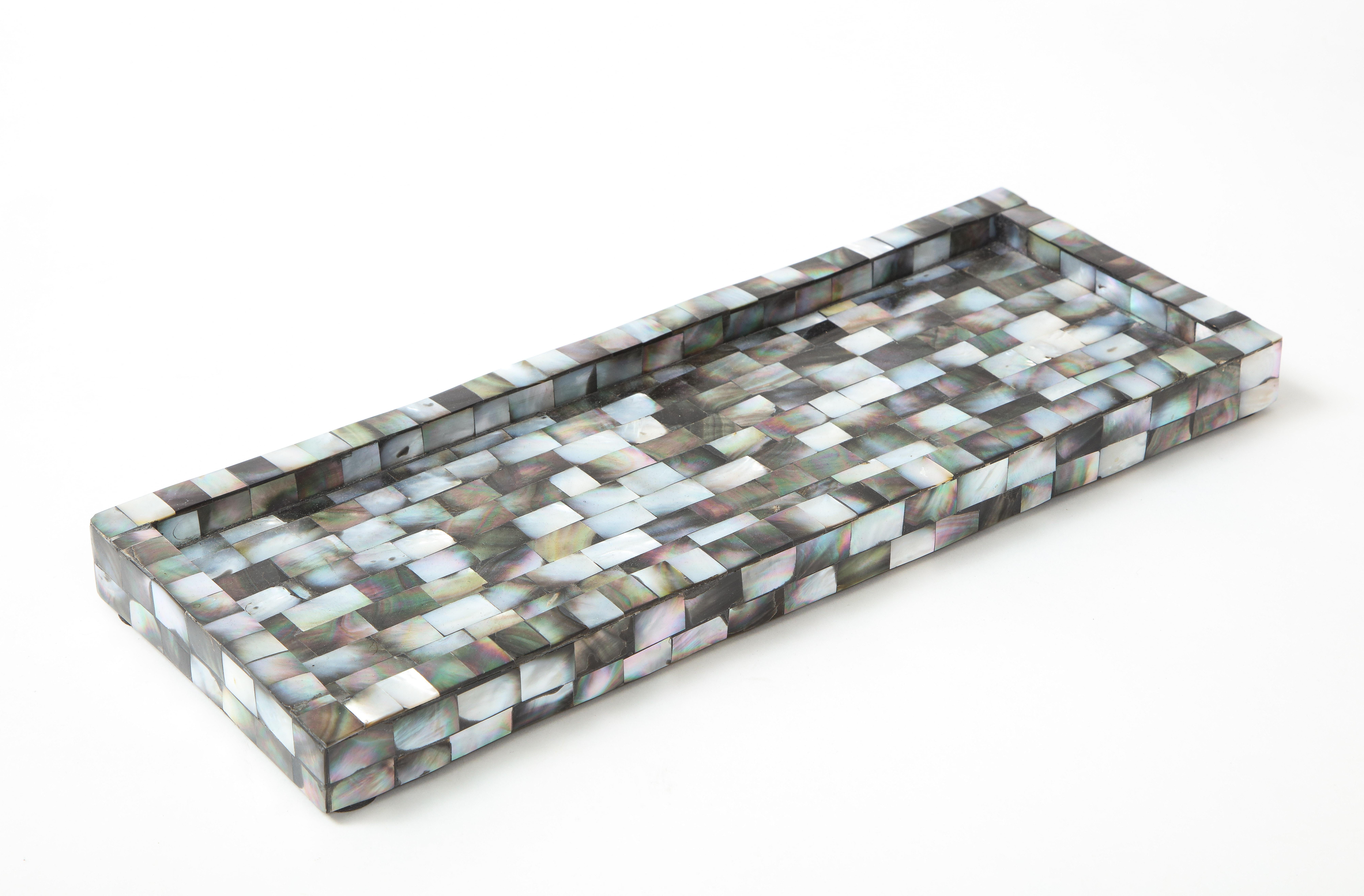 Rectangular tray/catch all featuring rectangular cut abalone shell pieces.