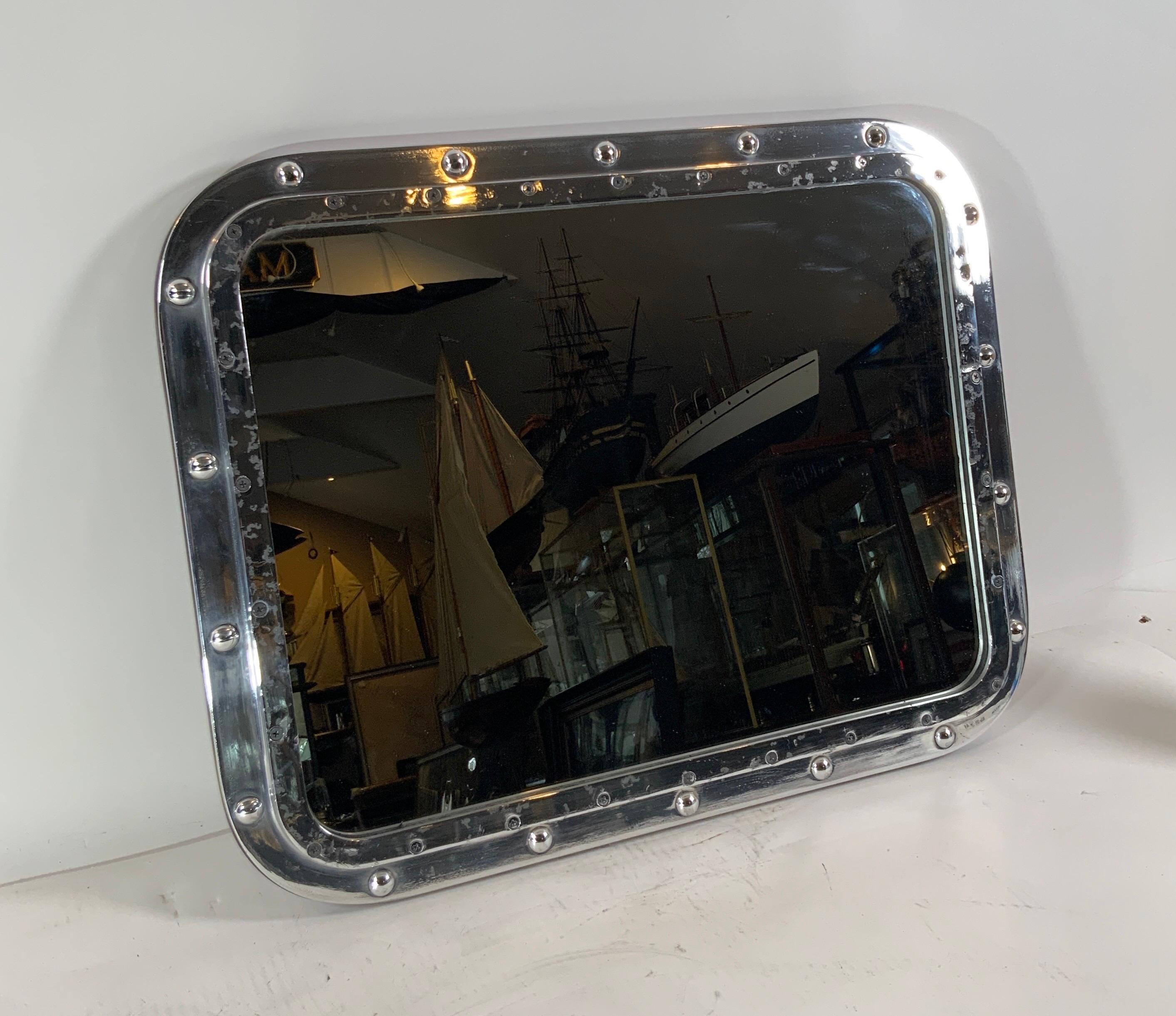 Rectangular Aluminum Ship's Porthole Mirror In Good Condition For Sale In Norwell, MA