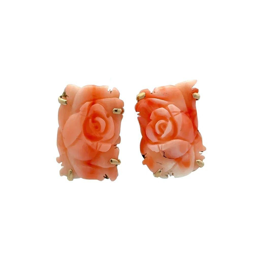 Modernist Rectangular Angel Skin Coral Carved Flower Gold Earrings For Sale