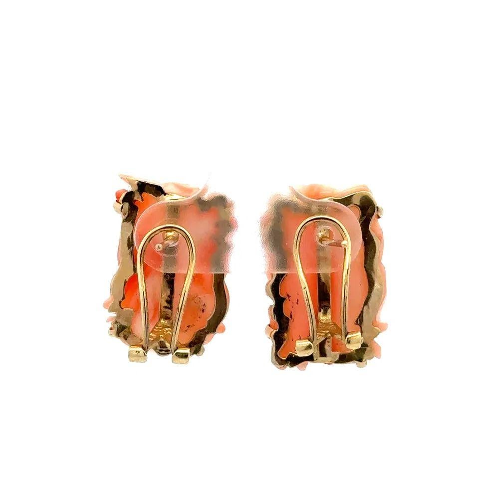 Square Cut Rectangular Angel Skin Coral Carved Flower Gold Earrings For Sale