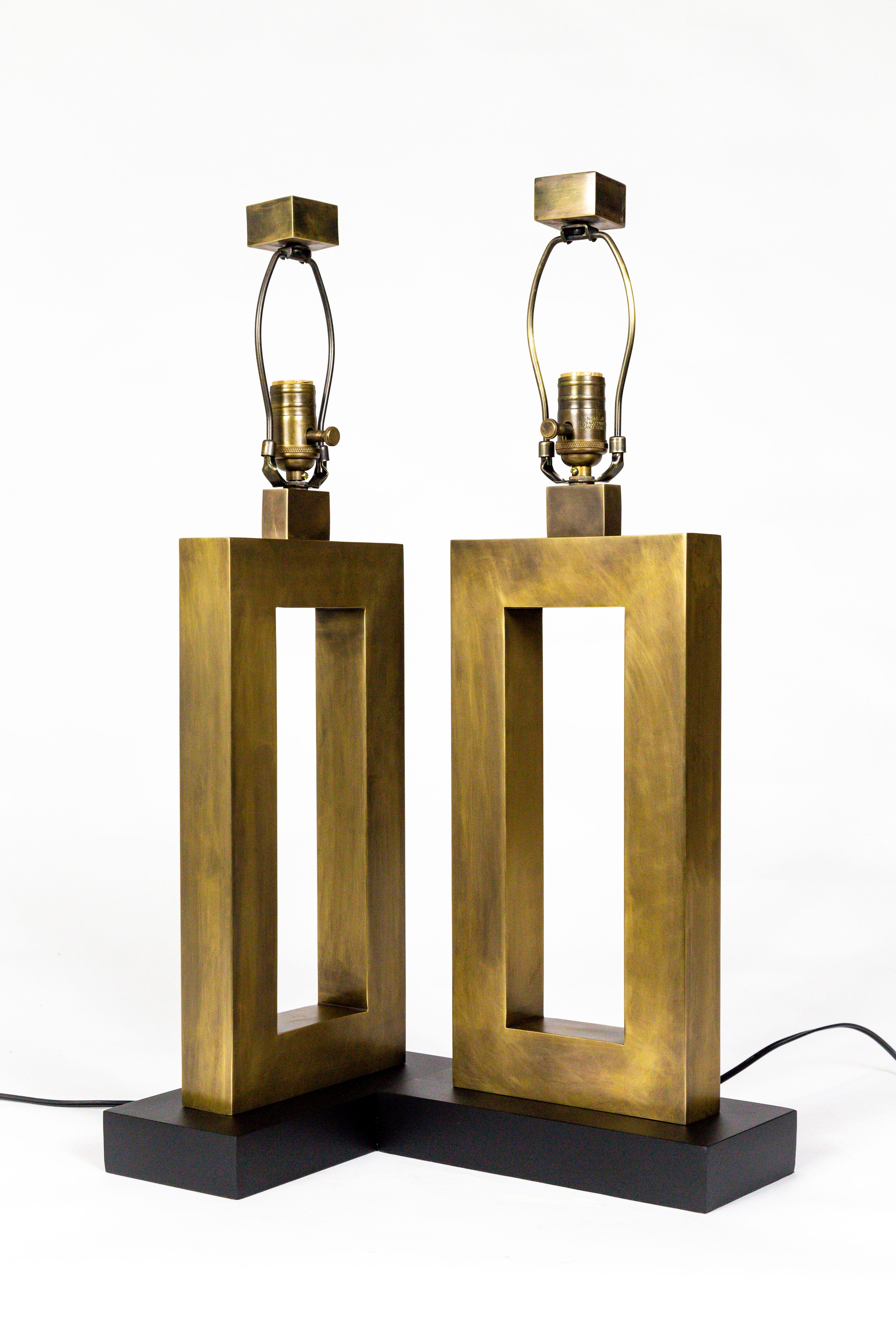 Rectangular Antiqued Brass Table Lamps, 'Pair' 4