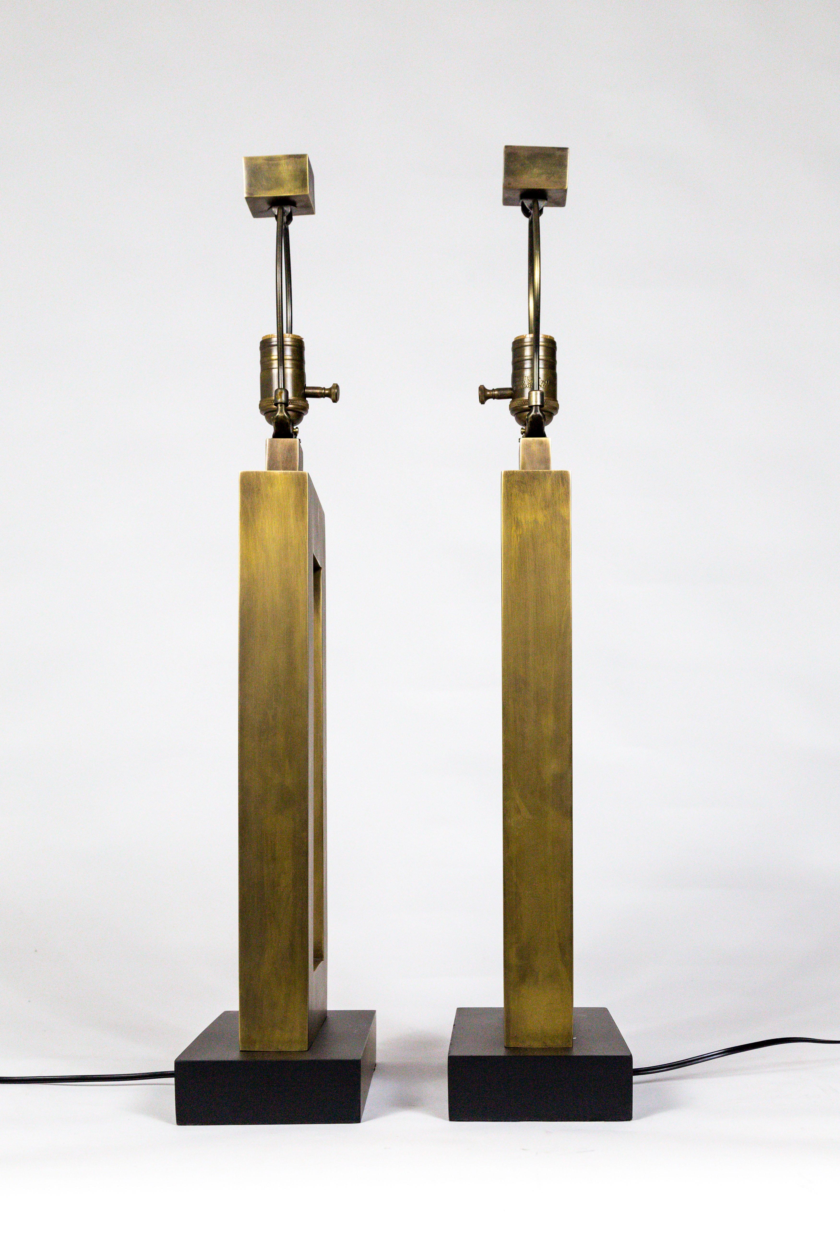 Rectangular Antiqued Brass Table Lamps, 'Pair' (Moderne)
