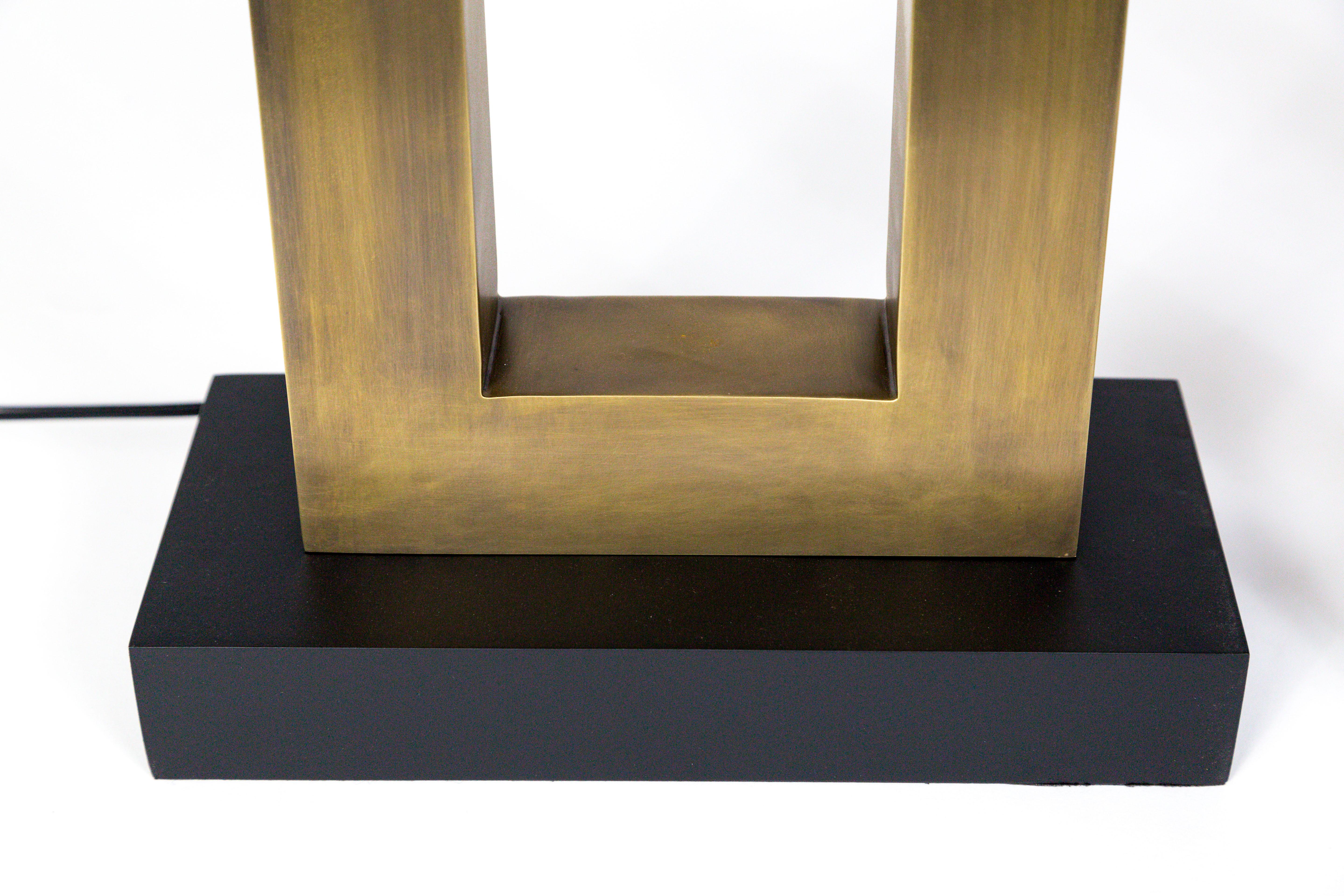 Modern Rectangular Antiqued Brass Table Lamps, 'Pair'