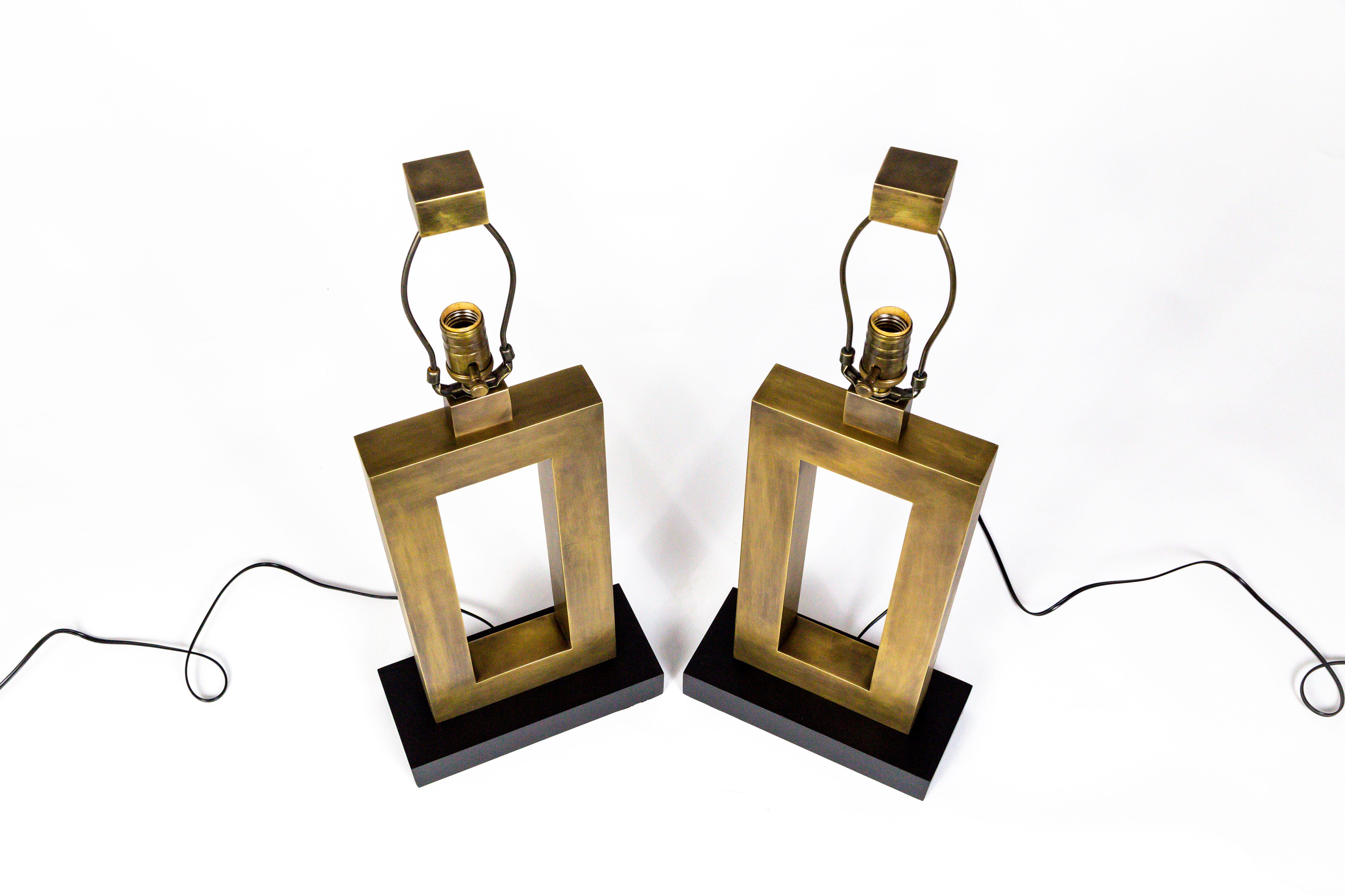 Rectangular Antiqued Brass Table Lamps, 'Pair' In Excellent Condition In San Francisco, CA