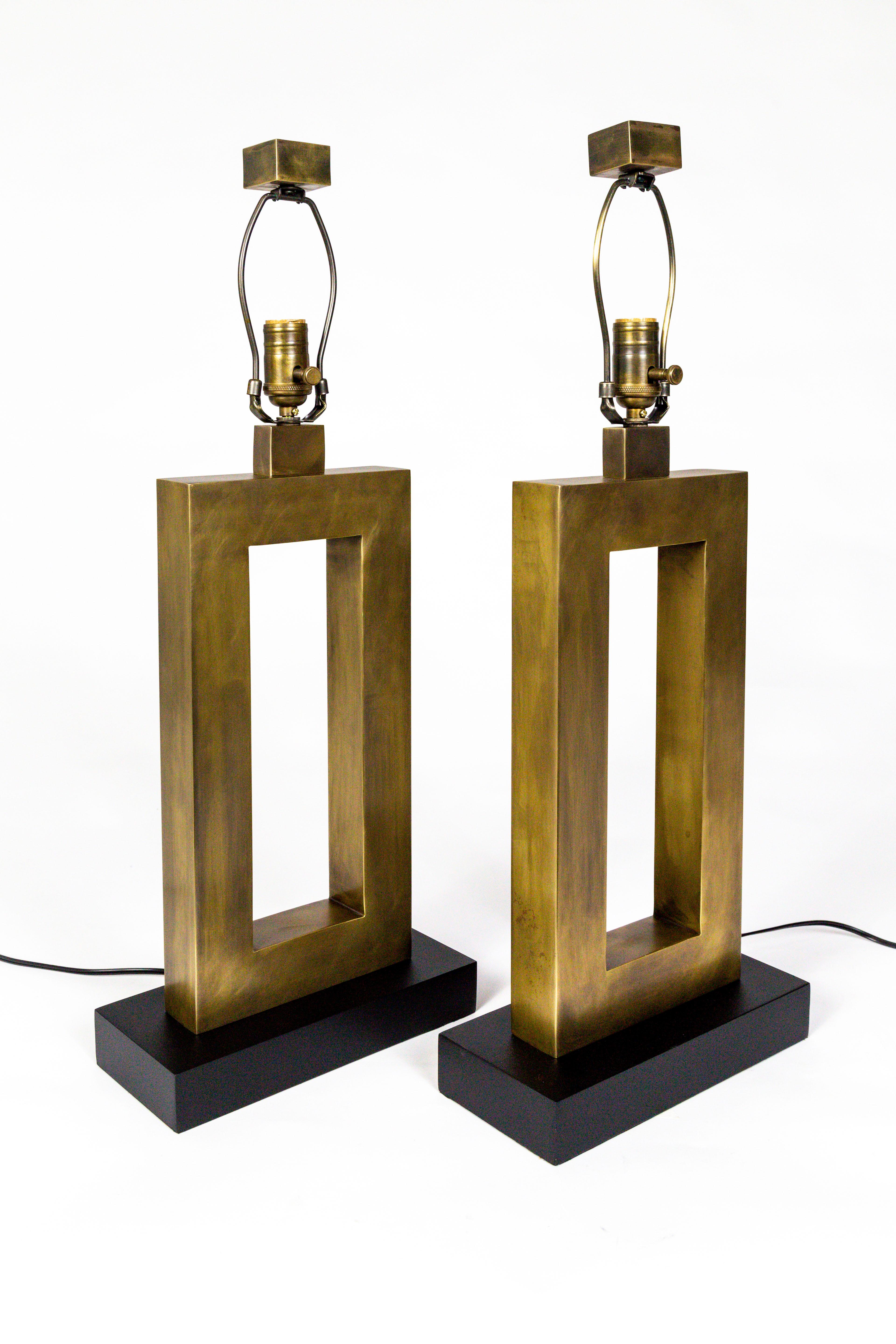 Late 20th Century Rectangular Antiqued Brass Table Lamps, 'Pair'