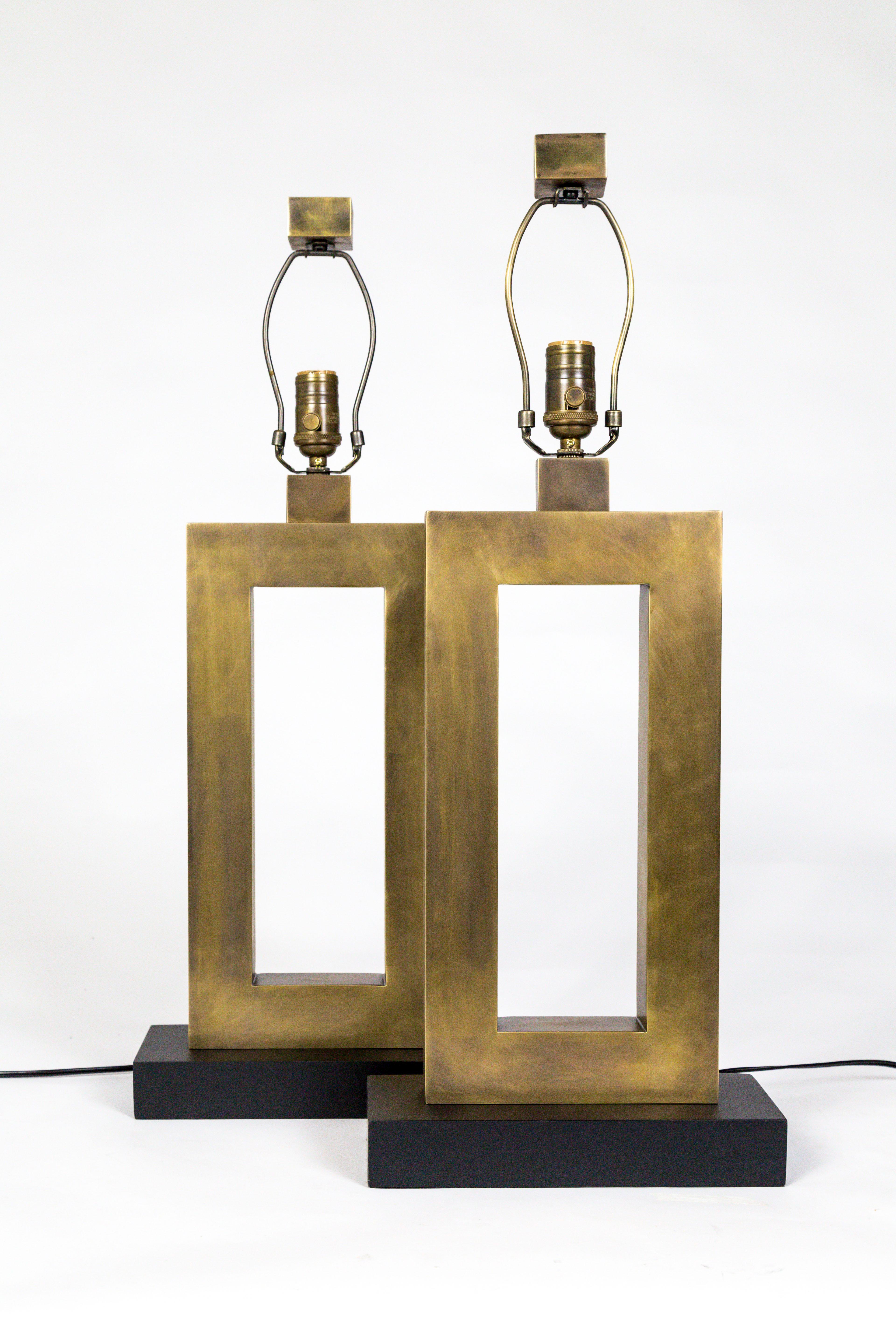 Rectangular Antiqued Brass Table Lamps, 'Pair' 2