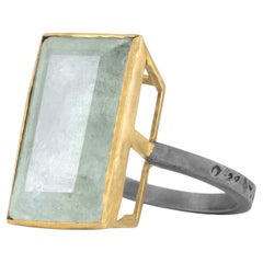 Rectangular Aquamarine Ring in 14k Yellow Gold and Oxidized Sterling Silver