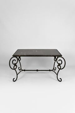 Rectangular Art Deco Coffee Table in Wrought Iron and Black Marble, France, 1940