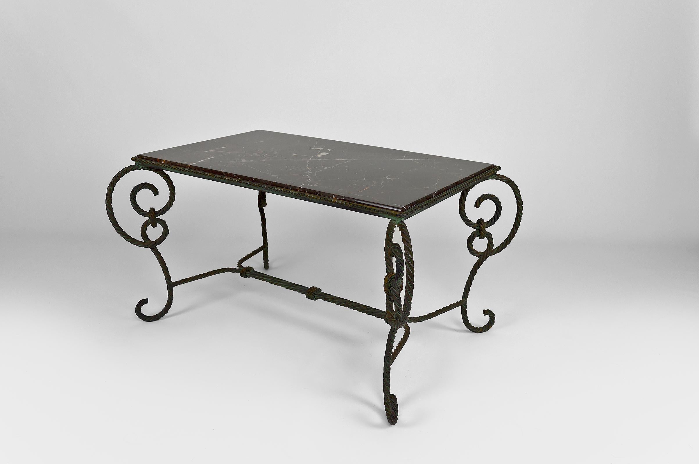 French Rectangular Art Deco Coffee Table in Wrought Iron and Black Marble, France, 1940